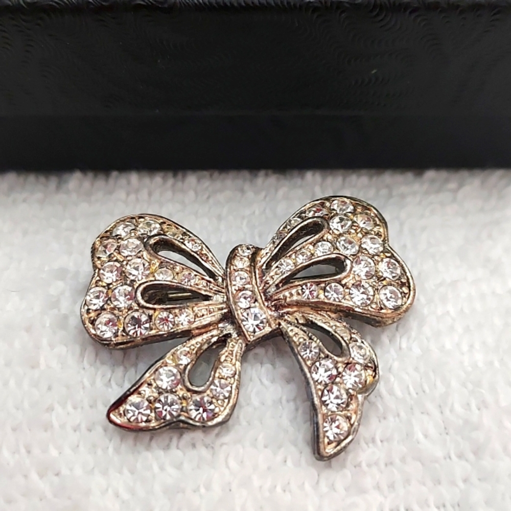Tiny Silver & Crystal Bow Brooch